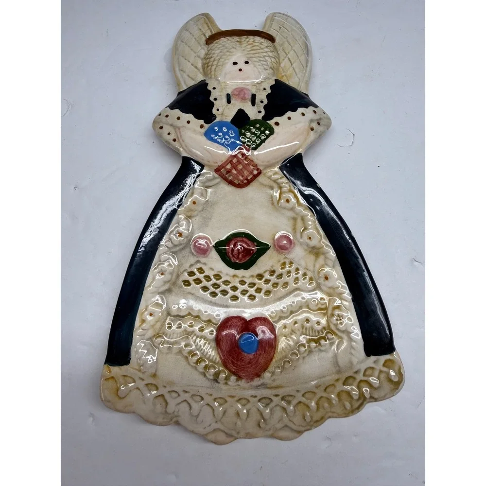 Vintage Hand Painted Ceramic Angel Spoon Rest Folk Art Trinket Dish Black Cream